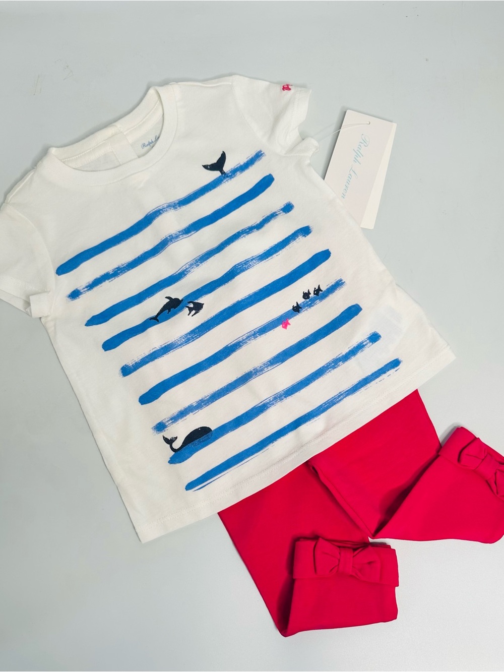 Ralph Lauren White Tee with Blue Whale Stripe Print and Hot Pink Leggings